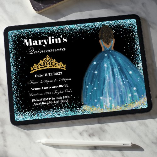 Enchanting Turquoise Glitter Princess Quinceaera  Invitation