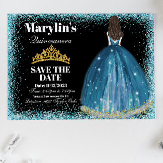 Enchanting Turquoise Glitter Princess Quinceañera  Save The Date