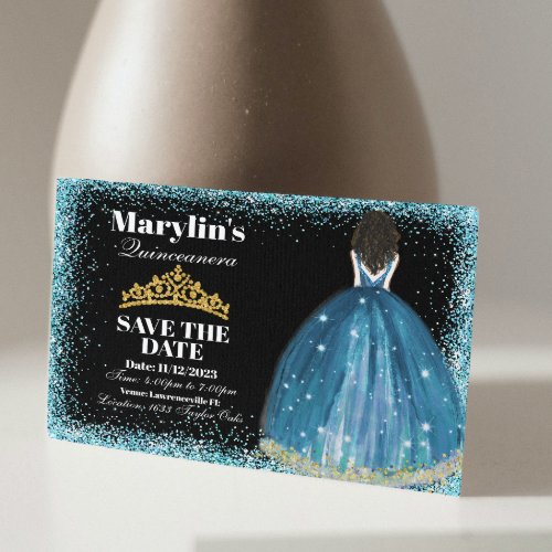 Enchanting Turquoise Glitter Princess Quinceanera  Save The Date