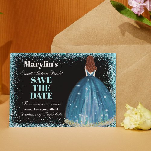 Enchanting Turquoise Glitter Princess Sweet 16 Save The Date