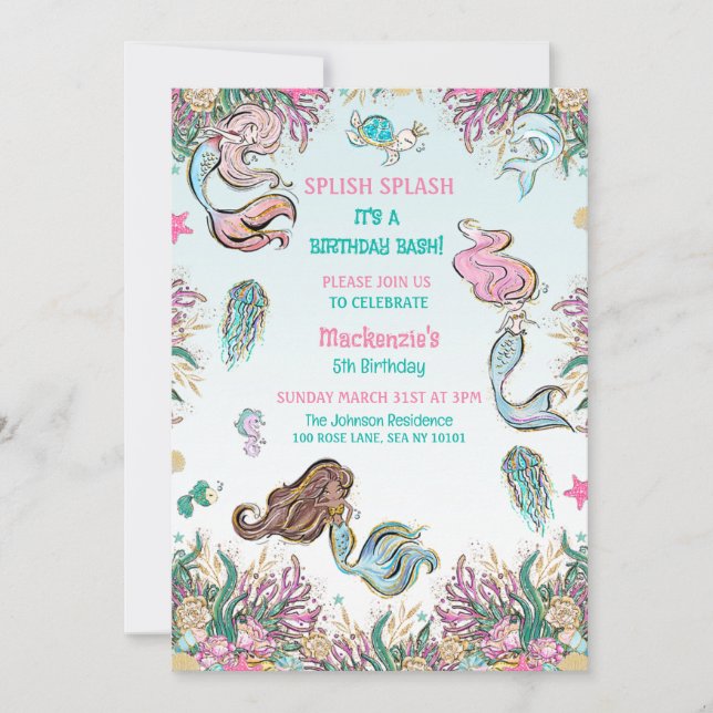 Enchanting Under The Sea Mermaid Birthday Party Invitation (Front)