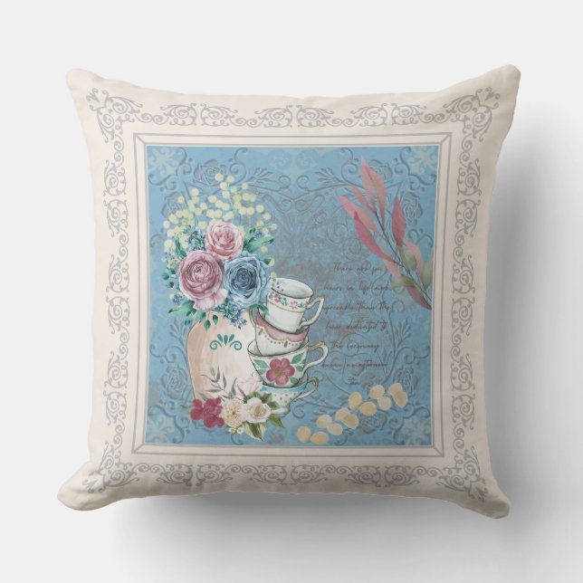 Enchanting Vintage Vibes Cottage Teacups Throw Pillow (Front)