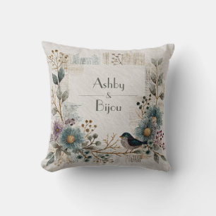 Enchanting Watercolor Bird and Floral Bohemian Throw Pillow