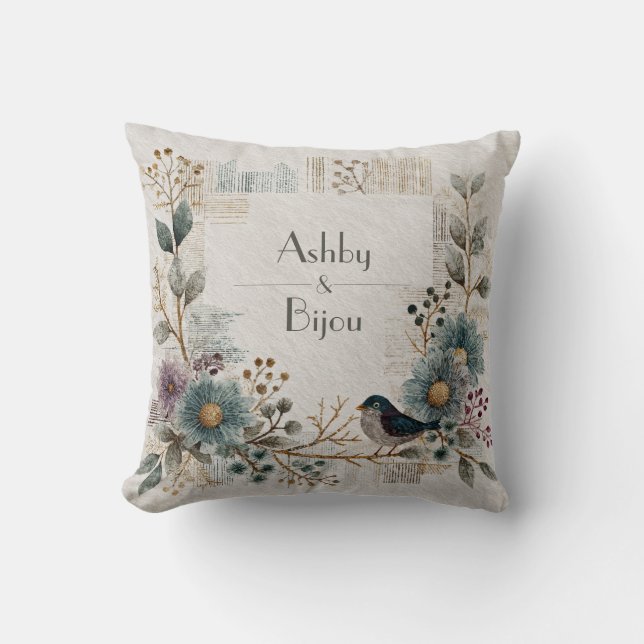 Enchanting Watercolor Bird and Floral Bohemian Throw Pillow (Front)