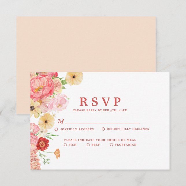 Enchanting Watercolor Floral peach Wedding RSVP Card (Front/Back)