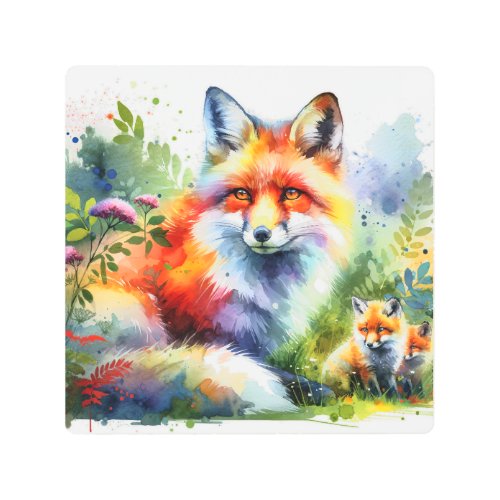 Enchanting Watercolor Foxes _ Watercolor Metal Print