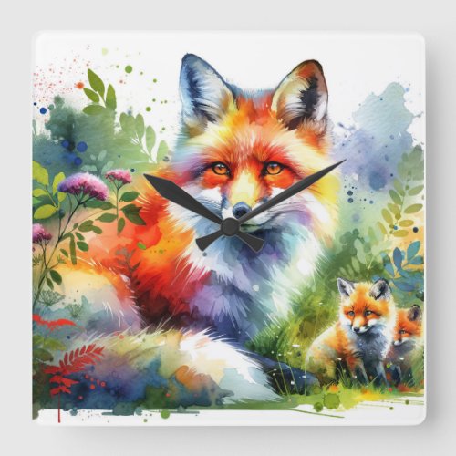 Enchanting Watercolor Foxes _ Watercolor Square Wall Clock