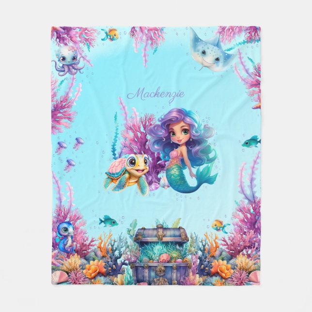 Enchanting Watercolor Mermaid Personalized Fleece Blanket (Front)