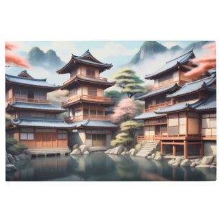 Enchanting Watercolor Painting of Ancient Japanese Metal Print