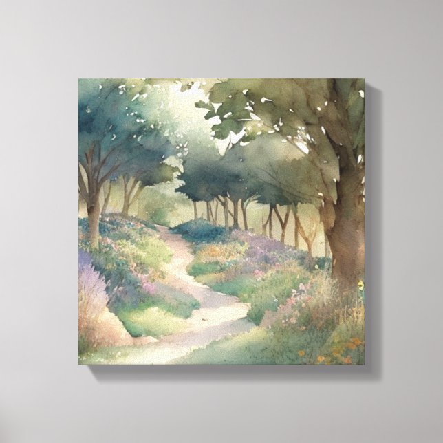 Enchanting Watercolor Path Through Lush Woods Canvas Print (Front)