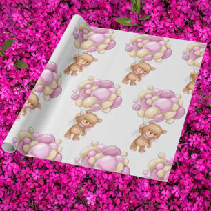 Enchanting Watercolor Pink Girl Teddy Bear Balloon Wrapping Paper