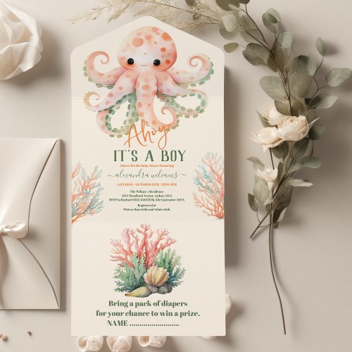 Enchanting Watercolor Under_the_Sea Baby Shower All In One Invitation