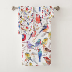 Enchanting Watercolor Vintage Birds Pattern Bath Towel Set