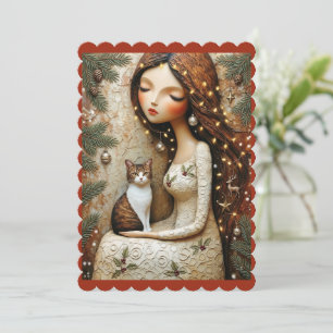 Enchanting Whimsical Christmas Cat Winter Maiden Card