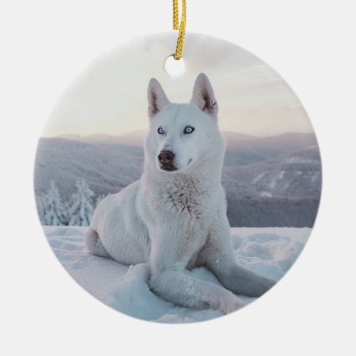 Enchanting White Husky Dog in the snow Ceramic Ornament