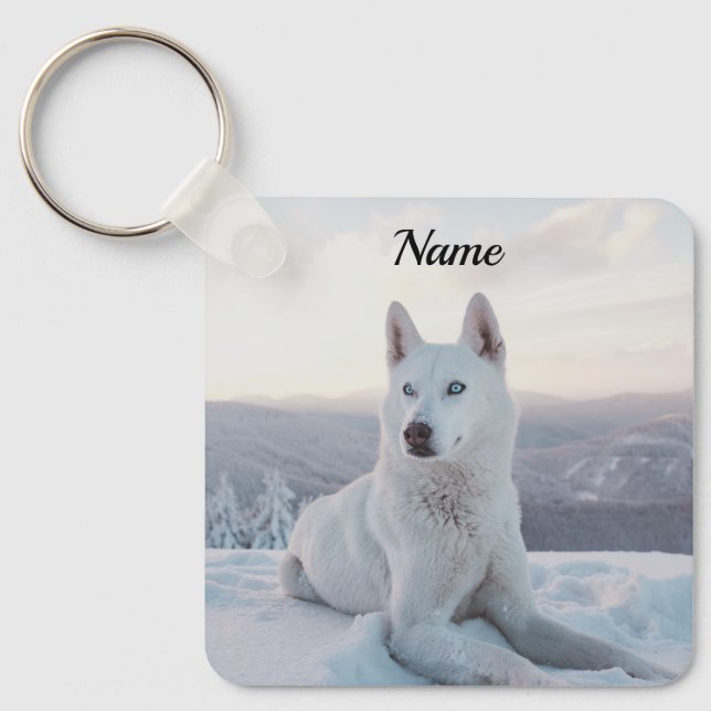 Enchanting White Husky Dog in the snow Keychain (Front)