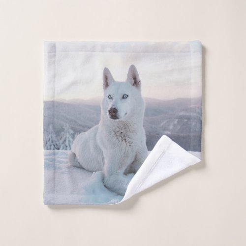 Enchanting White Husky Dog in the snow Wash Cloth
