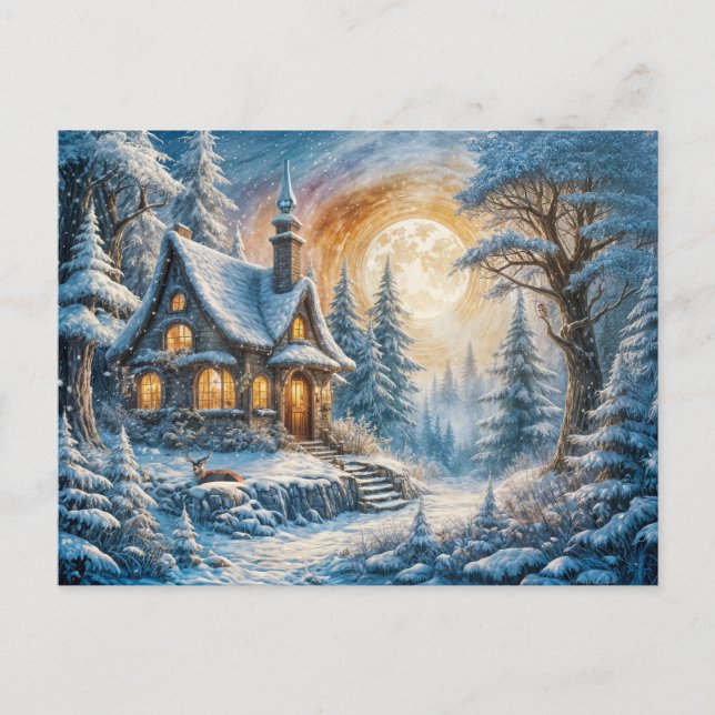 Enchanting Winter Cottage in Moonlight Postcard (Front)