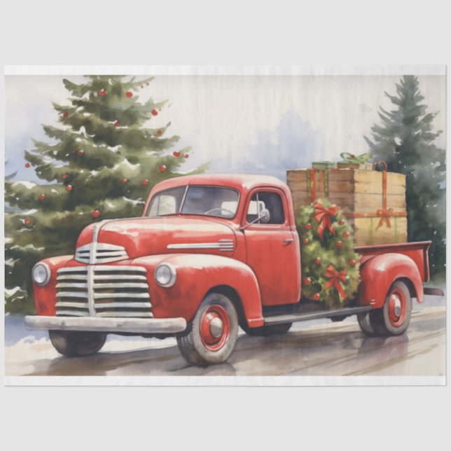 Enchanting Winter Scene: Vintage Truck Christmas Tissue Paper (Front)