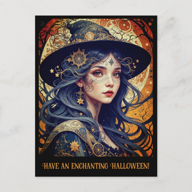 Enchanting Witch Halloween Greeting Postcard (Front)