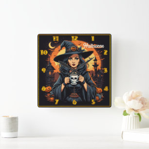 Enchanting witch holds skull mug at Halloween dusk Square Wall Clock