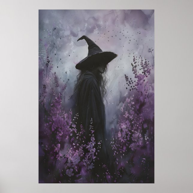 Enchanting Witch in Purple Flowers Art Printable Poster (Front)