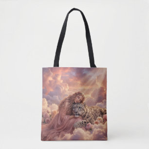 Enchanting Woman & Snow Leopard Cloud Fantasy Art Tote Bag