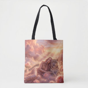 Enchanting Woman & Snow Leopard in Dreamy Clouds T Tote Bag