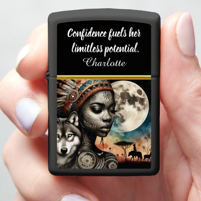 Enchanting woman with wolf under moon zippo lighter (In Hand)