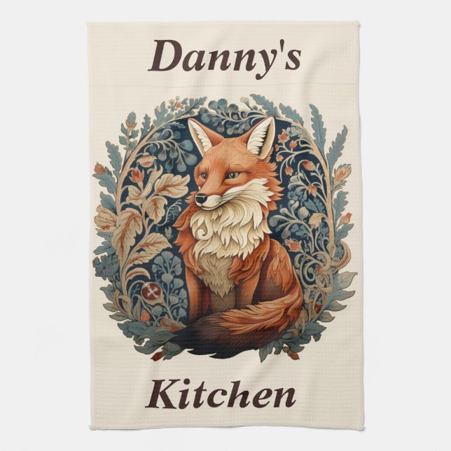 Enchanting Woodland Fox with Custom Name Kitchen Towel (Vertical)