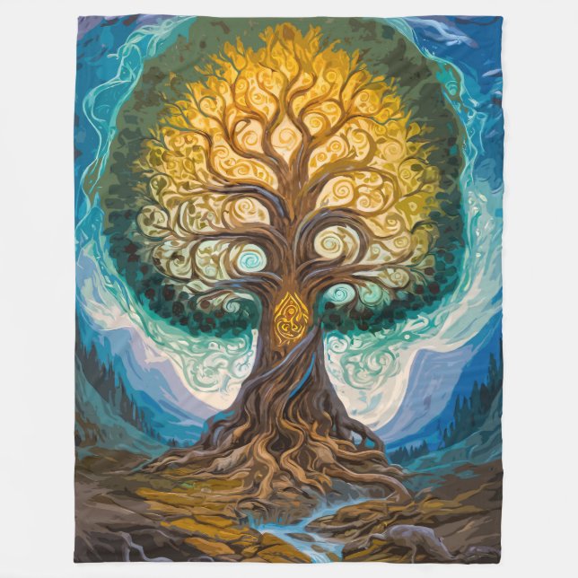 Enchanting Yggdrasil Glowing Tree Magical Landscap Fleece Blanket (Front)