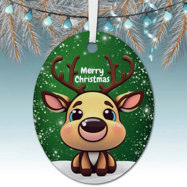 Enchanting Young Buck Starry Green Whimsical  🎄🦌 Metal Ornament (Enchanting Young Buck Green Whimsical Winter Woodland Wildlife Animal Oval Metal Xmas Ornament 🦌🎄)
