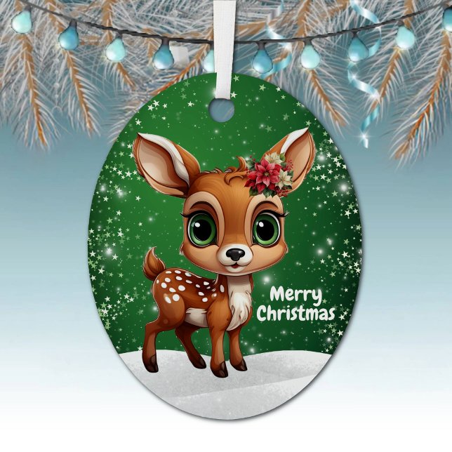 Enchanting Young Buck Starry Green Whimsical  🎄🦌 Metal Ornament (Enchanting young buck starry green ornament, cute floral baby deer woodland wildlife gift tag 🦌🎄)
