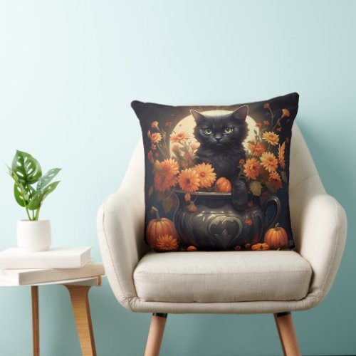 Enchantingly Adorable Halloween Cat Throw Pillow