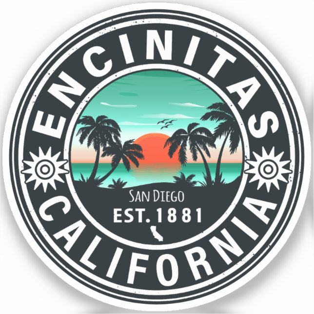 Encinitas California Retro Sunset Souvenirs 80s Sticker (Front)