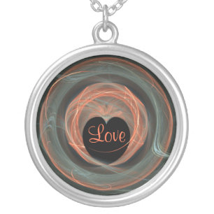 Encircled Heart in Blue and Red Fractal Art Silver Plated Necklace