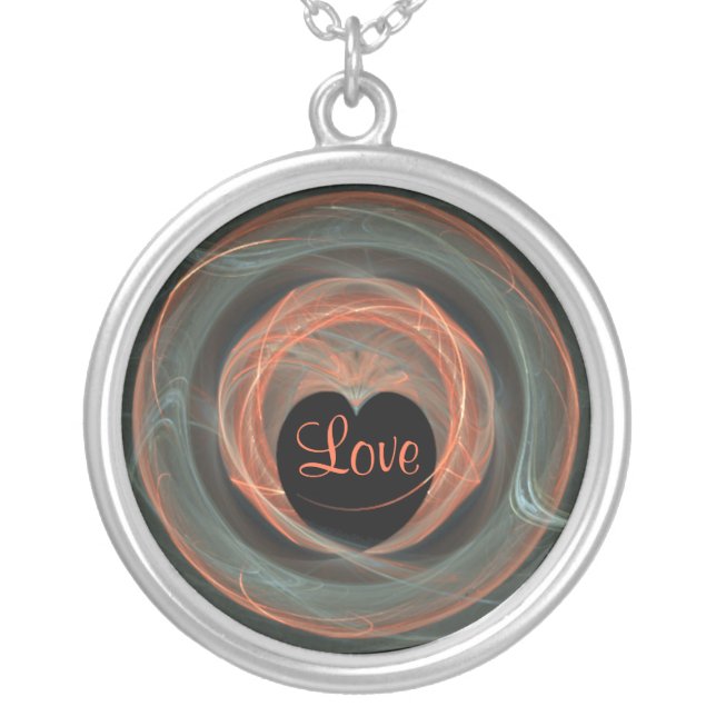 Encircled Heart in Blue and Red Fractal Art  Silver Plated Necklace (Front)