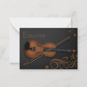 "Encore" Brown Violin & Bow Elegant Black Custom Note Card