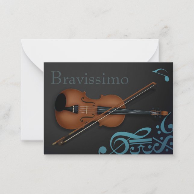 "Encore" Violin & Bow Elegant Black & Turquoise Note Card (Front)