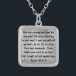 encouragement bible verse Psalm 119 necklace<br><div class="desc">This bible verse encouragement necklace would be perfect for graduation as it represents scripture from Psalm 119:9-11 How can a young man keep his way pure? By living according to your word. I seek you with all my heart; do not let me stray from your commands. I have hidden your...</div>