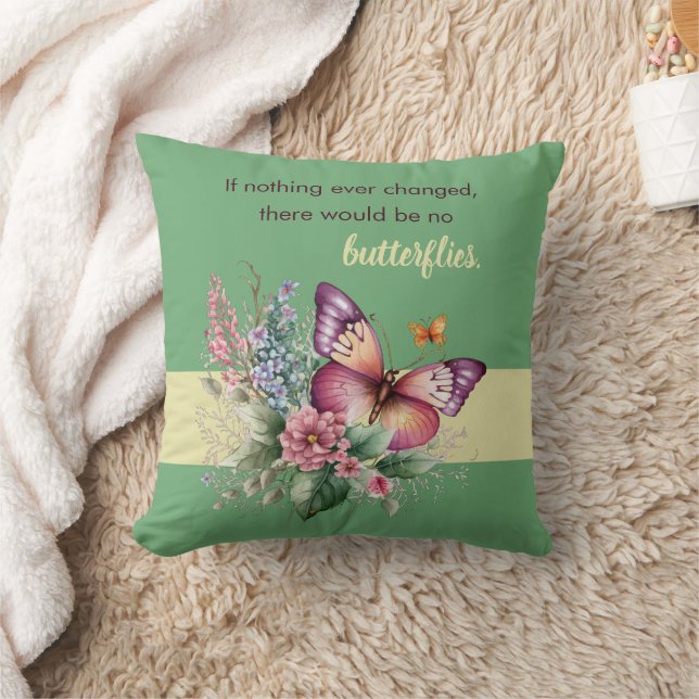 Encouragement Butterfly and Flowers on Green Throw Pillow (Blanket)