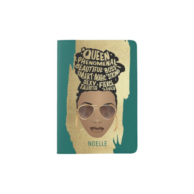 Encouraging Black Women, Natural Hair, Gold Green Passport Holder (Front)