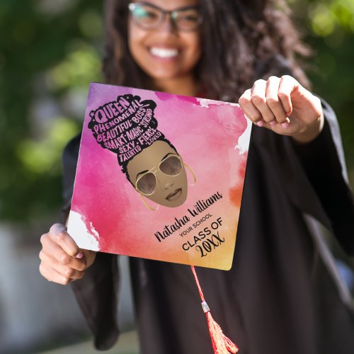 Encouraging Black Women Pink  Orange Watercolor Graduation Cap Topper