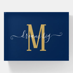 Encouraging Quote Dream Big Monogram Navy Gold Paperweight