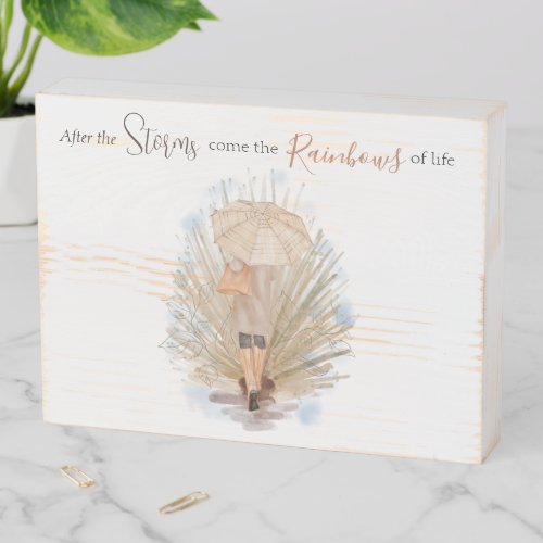 Encouraging Watercolor Girl with Umbrella in Rain Wooden Box Sign