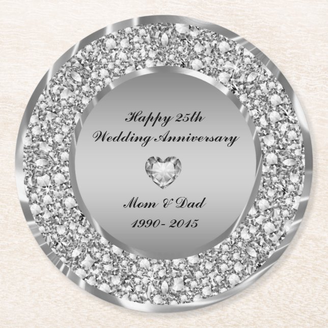 Encrusted White Diamonds 25th Anniversary Round Paper Coaster (Front)