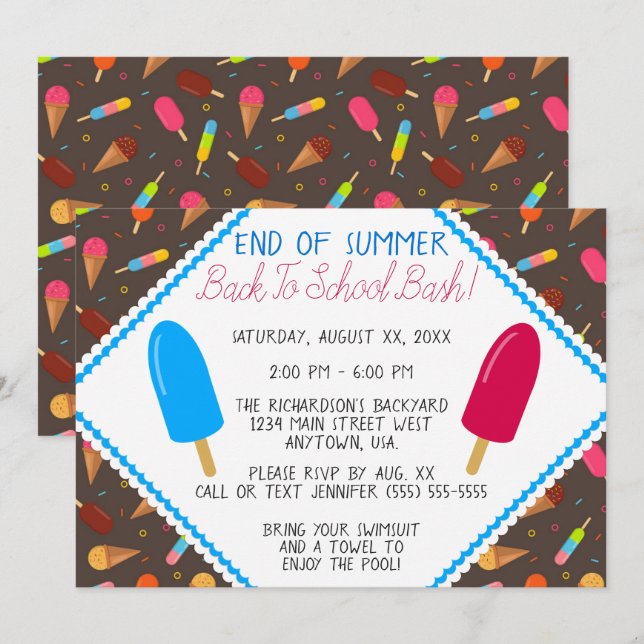 End of Summer Ice Pop and Ice Cream Pattern Party Invitation (Front/Back)