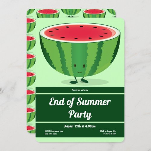End of Summer Party Green Red Watermelon Cartoon Invitation