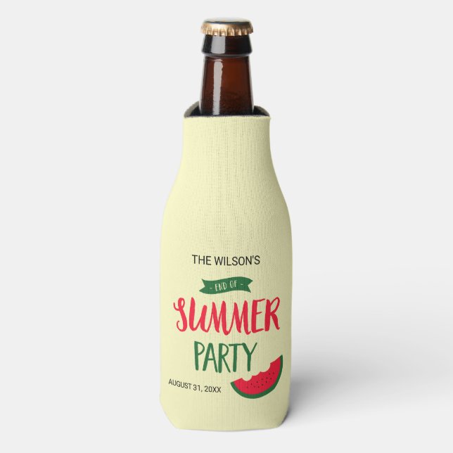 End of Summer Party Red Green Watermelon Bottle Cooler (Bottle Front)