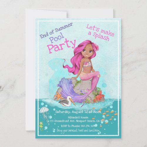 End of Summer Pink Hair Mermaid Girl Pool Party Invitation